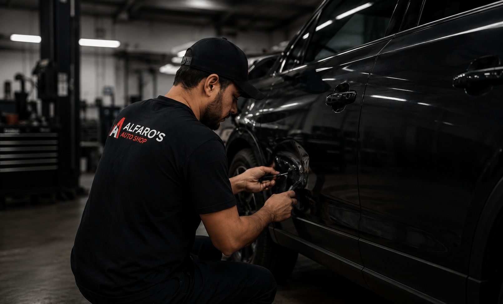 Technician working on a vehicle in the shop