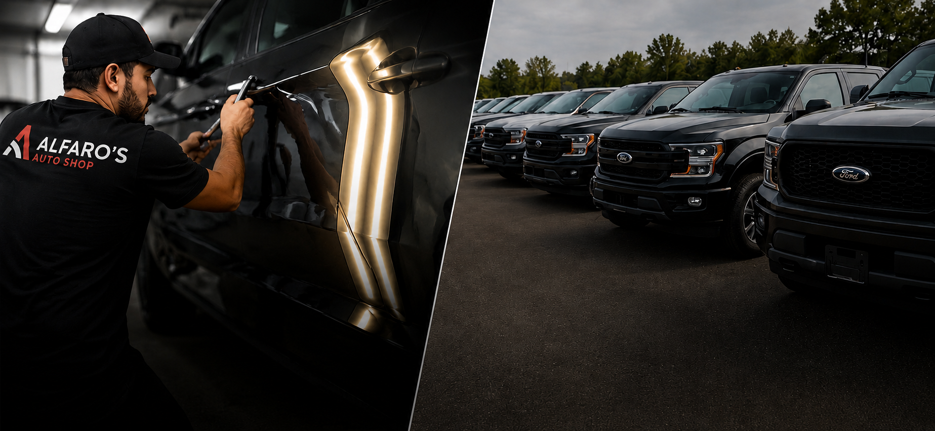 Alfaro Auto Sales technician performing paintless dent repair beside a lineup of wholesale trucks