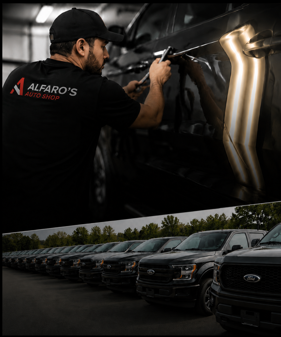Alfaro Auto Sales technician performing paintless dent repair beside a lineup of wholesale trucks