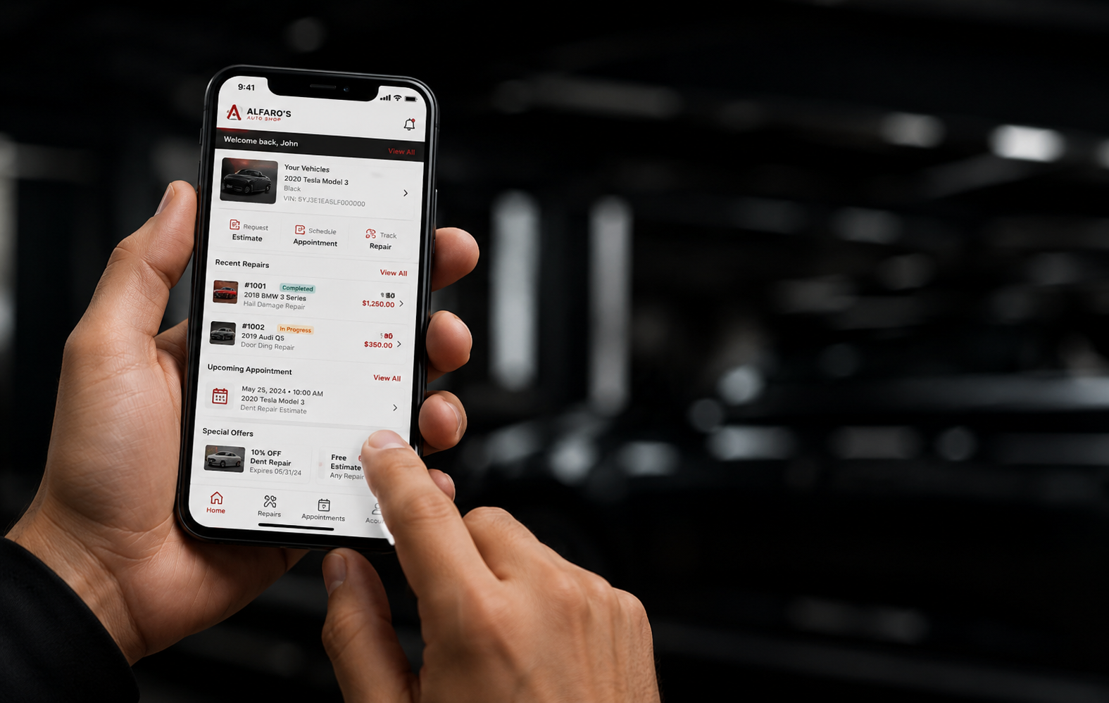 Hand holding a phone showing the Alfaro's customer portal app